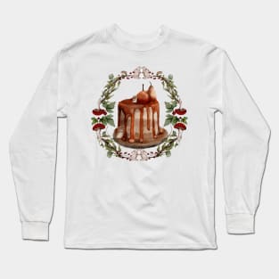 Beatrix Potter Inspired Baker Watercolor Caramel Cake White Rabbits Pears and a Mushroom Watercolor Wreath Long Sleeve T-Shirt